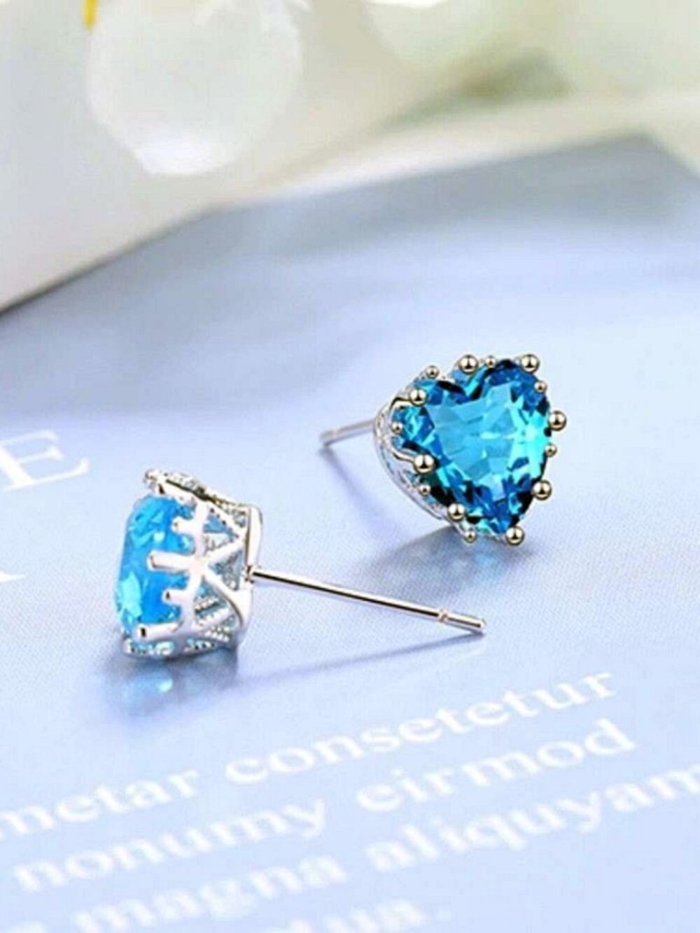 New Sparkling Blue Heart CZ Stud Earrings Sweet Love‑Themed Ear Studs